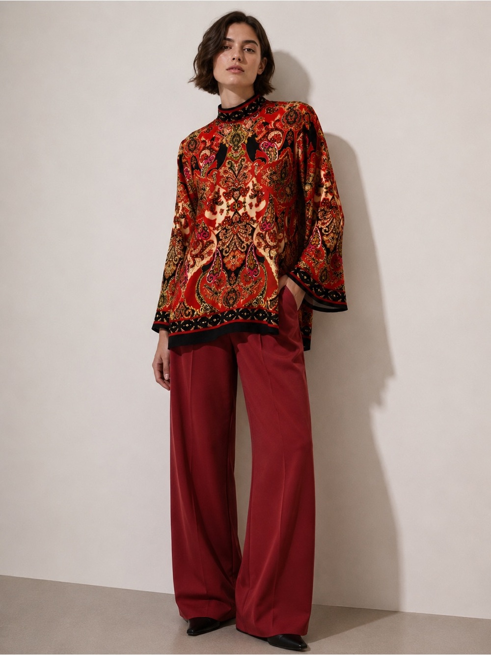 Multicolor Paisley Print Mandarin Neck Bell Sleeve Top Size L